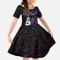 New Zealand Aotearoa Family Matching Mermaid Dress and Hawaiian Shirt Maori Manaia Paua Shell Glitter Purple LT05 Daughter's Dress Purple - Polynesian Pride