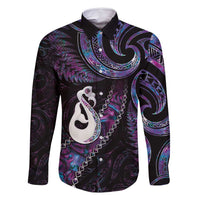 New Zealand Aotearoa Family Matching Mermaid Dress and Hawaiian Shirt Maori Manaia Paua Shell Glitter Purple LT05 Dad's Shirt - Long Sleeve Purple - Polynesian Pride