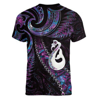 New Zealand Aotearoa Women V-Neck T-Shirt Maori Manaia Paua Shell Glitter Purple