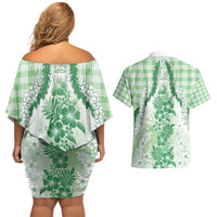 Aloha Hawaii Palaka Couples Matching Off Shoulder Short Dress and Hawaiian Shirt Green Plumeria Lei - Polynesian Pride