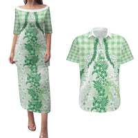Aloha Hawaii Palaka Couples Matching Puletasi and Hawaiian Shirt Green Plumeria Lei LT05 Green - Polynesian Pride