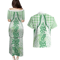 Aloha Hawaii Palaka Couples Matching Puletasi and Hawaiian Shirt Green Plumeria Lei LT05 - Polynesian Pride