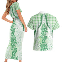 Aloha Hawaii Palaka Couples Matching Short Sleeve Bodycon Dress and Hawaiian Shirt Green Plumeria Lei - Polynesian Pride