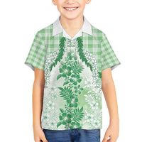 Aloha Hawaii Palaka Family Matching Off Shoulder Short Dress and Hawaiian Shirt Green Plumeria Lei - Polynesian Pride