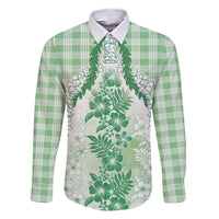 Aloha Hawaii Palaka Family Matching Short Sleeve Bodycon Dress and Hawaiian Shirt Green Plumeria Lei - Polynesian Pride