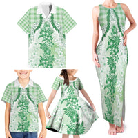 Aloha Hawaii Palaka Family Matching Tank Maxi Dress and Hawaiian Shirt Green Plumeria Lei - Polynesian Pride