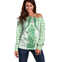 Aloha Hawaii Palaka Off Shoulder Sweater Green Plumeria Lei - Polynesian Pride
