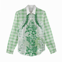 Aloha Hawaii Palaka Women Casual Shirt Green Plumeria Lei - Polynesian Pride
