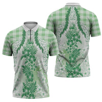 Aloha Hawaii Palaka Zipper Polo Shirt Green Plumeria Lei LT05 - Polynesian Pride