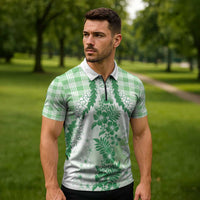 Aloha Hawaii Palaka Zipper Polo Shirt Green Plumeria Lei - Polynesian Pride