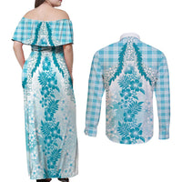 Aloha Hawaii Palaka Couples Matching Off Shoulder Maxi Dress and Long Sleeve Button Shirt Blue Plumeria Lei - Polynesian Pride
