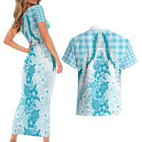 Aloha Hawaii Palaka Couples Matching Short Sleeve Bodycon Dress and Hawaiian Shirt Blue Plumeria Lei LT05 - Polynesian Pride