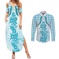 Aloha Hawaii Palaka Couples Matching Summer Maxi Dress and Long Sleeve Button Shirt Blue Plumeria Lei LT05 Blue - Polynesian Pride