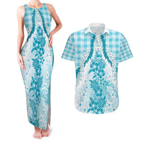 Aloha Hawaii Palaka Couples Matching Tank Maxi Dress and Hawaiian Shirt Blue Plumeria Lei LT05 Blue - Polynesian Pride