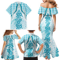 Aloha Hawaii Palaka Family Matching Mermaid Dress and Hawaiian Shirt Blue Plumeria Lei - Polynesian Pride