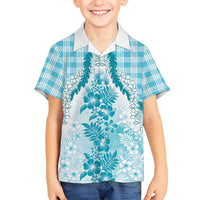 Aloha Hawaii Palaka Family Matching Off The Shoulder Long Sleeve Dress and Hawaiian Shirt Blue Plumeria Lei LT05 Son's Shirt Blue - Polynesian Pride