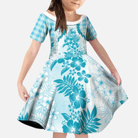 Aloha Hawaii Palaka Family Matching Off Shoulder Maxi Dress and Hawaiian Shirt Blue Plumeria Lei LT05 Daughter's Dress Blue - Polynesian Pride