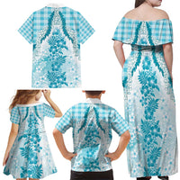 Aloha Hawaii Palaka Family Matching Off Shoulder Maxi Dress and Hawaiian Shirt Blue Plumeria Lei - Polynesian Pride