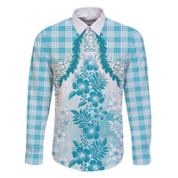 Aloha Hawaii Palaka Family Matching Off Shoulder Maxi Dress and Hawaiian Shirt Blue Plumeria Lei - Polynesian Pride