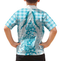 Aloha Hawaii Palaka Family Matching Off Shoulder Short Dress and Hawaiian Shirt Blue Plumeria Lei LT05 - Polynesian Pride