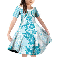 Aloha Hawaii Palaka Family Matching Off Shoulder Short Dress and Hawaiian Shirt Blue Plumeria Lei - Polynesian Pride
