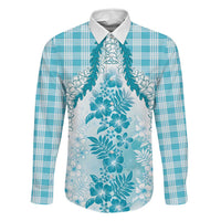 Aloha Hawaii Palaka Family Matching Off Shoulder Short Dress and Hawaiian Shirt Blue Plumeria Lei LT05 Dad's Shirt - Long Sleeve Blue - Polynesian Pride