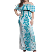 Aloha Hawaii Palaka Off Shoulder Maxi Dress Blue Plumeria Lei - Polynesian Pride