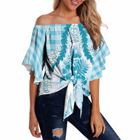 Aloha Hawaii Palaka Off Shoulder Wrap Waist Top Blue Plumeria Lei LT05 - Polynesian Pride