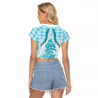 Aloha Hawaii Palaka Raglan Cropped T Shirt Blue Plumeria Lei LT05 - Polynesian Pride