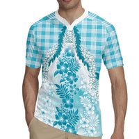 Aloha Hawaii Palaka Rugby Jersey Blue Plumeria Lei - Polynesian Pride