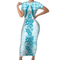 Aloha Hawaii Palaka Short Sleeve Bodycon Dress Blue Plumeria Lei LT05 Long Dress Blue - Polynesian Pride