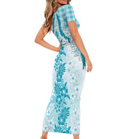Aloha Hawaii Palaka Short Sleeve Bodycon Dress Blue Plumeria Lei LT05 - Polynesian Pride