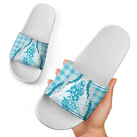 Aloha Hawaii Palaka Slide Sandals Blue Plumeria Lei - Polynesian Pride