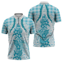 Aloha Hawaii Palaka Zipper Polo Shirt Blue Plumeria Lei LT05 - Polynesian Pride