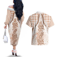 Aloha Hawaii Palaka Couples Matching Off The Shoulder Long Sleeve Dress and Hawaiian Shirt Beige Plumeria Lei LT05 - Polynesian Pride