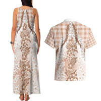 Aloha Hawaii Palaka Couples Matching Tank Maxi Dress and Hawaiian Shirt Beige Plumeria Lei - Polynesian Pride