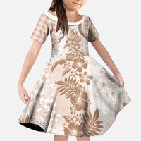 Aloha Hawaii Palaka Family Matching Off Shoulder Short Dress and Hawaiian Shirt Beige Plumeria Lei LT05 Daughter's Dress Beige - Polynesian Pride