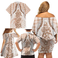 Aloha Hawaii Palaka Family Matching Off Shoulder Short Dress and Hawaiian Shirt Beige Plumeria Lei LT05 - Polynesian Pride