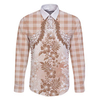 Aloha Hawaii Palaka Family Matching Off Shoulder Short Dress and Hawaiian Shirt Beige Plumeria Lei LT05 Dad's Shirt - Long Sleeve Beige - Polynesian Pride