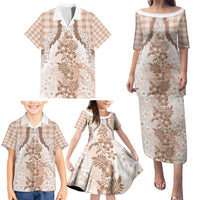 Aloha Hawaii Palaka Family Matching Puletasi and Hawaiian Shirt Beige Plumeria Lei - Polynesian Pride
