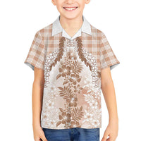 Aloha Hawaii Palaka Family Matching Short Sleeve Bodycon Dress and Hawaiian Shirt Beige Plumeria Lei LT05 Son's Shirt Beige - Polynesian Pride