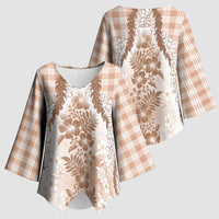 Aloha Hawaii Palaka Kimono Sleeve Blouse Beige Plumeria Lei - Polynesian Pride