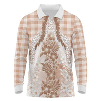 Aloha Hawaii Palaka Long Sleeve Polo Shirt Beige Plumeria Lei - Polynesian Pride