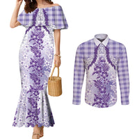 Aloha Hawaii Palaka Couples Matching Mermaid Dress and Long Sleeve Button Shirt Purple Plumeria Lei - Polynesian Pride