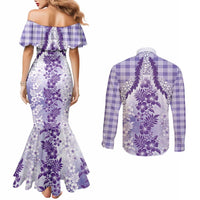 Aloha Hawaii Palaka Couples Matching Mermaid Dress and Long Sleeve Button Shirt Purple Plumeria Lei - Polynesian Pride