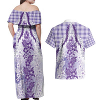 Aloha Hawaii Palaka Couples Matching Off Shoulder Maxi Dress and Hawaiian Shirt Purple Plumeria Lei - Polynesian Pride