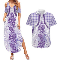 Aloha Hawaii Palaka Couples Matching Summer Maxi Dress and Hawaiian Shirt Purple Plumeria Lei - Polynesian Pride