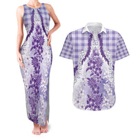 Aloha Hawaii Palaka Couples Matching Tank Maxi Dress and Hawaiian Shirt Purple Plumeria Lei - Polynesian Pride