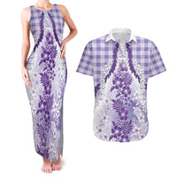 Aloha Hawaii Palaka Couples Matching Tank Maxi Dress and Hawaiian Shirt Purple Plumeria Lei - Polynesian Pride