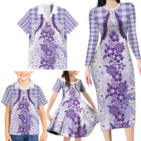 Aloha Hawaii Palaka Family Matching Long Sleeve Bodycon Dress and Hawaiian Shirt Purple Plumeria Lei - Polynesian Pride